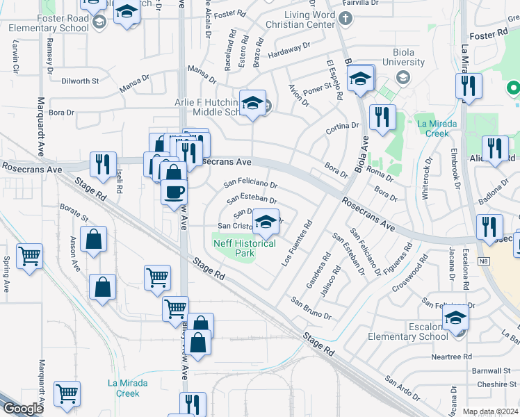 map of restaurants, bars, coffee shops, grocery stores, and more near 14467 San Dieguito Drive in La Mirada