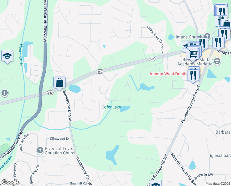 map of restaurants, bars, coffee shops, grocery stores, and more near 2252 Caneridge Trail Southwest in Marietta