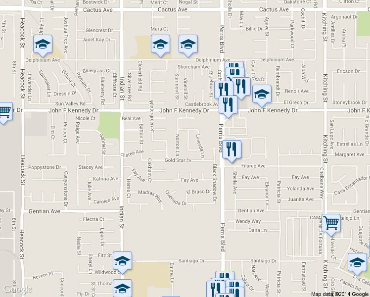 map of restaurants, bars, coffee shops, grocery stores, and more near 15189 Prentice Way in Moreno Valley