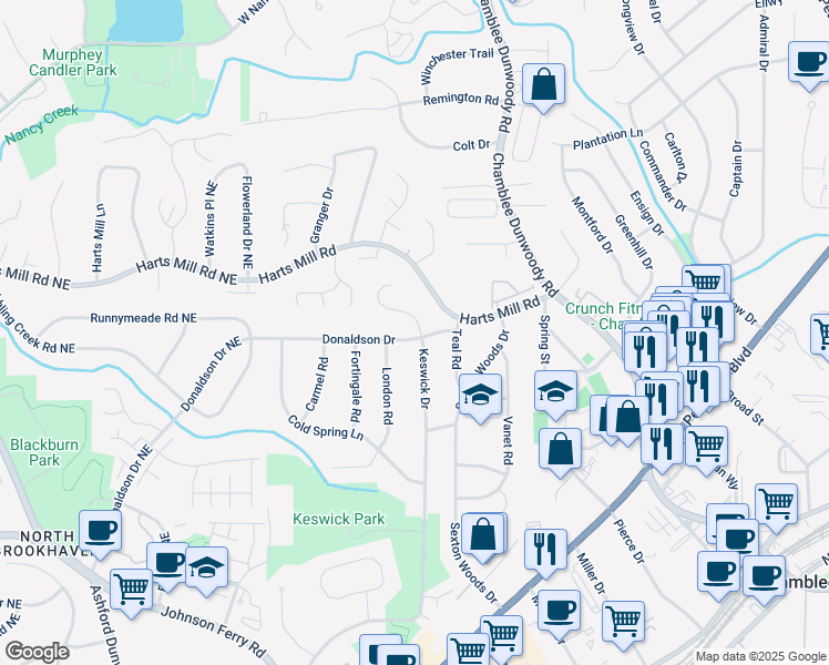 map of restaurants, bars, coffee shops, grocery stores, and more near 3888 Donaldson Drive in Chamblee