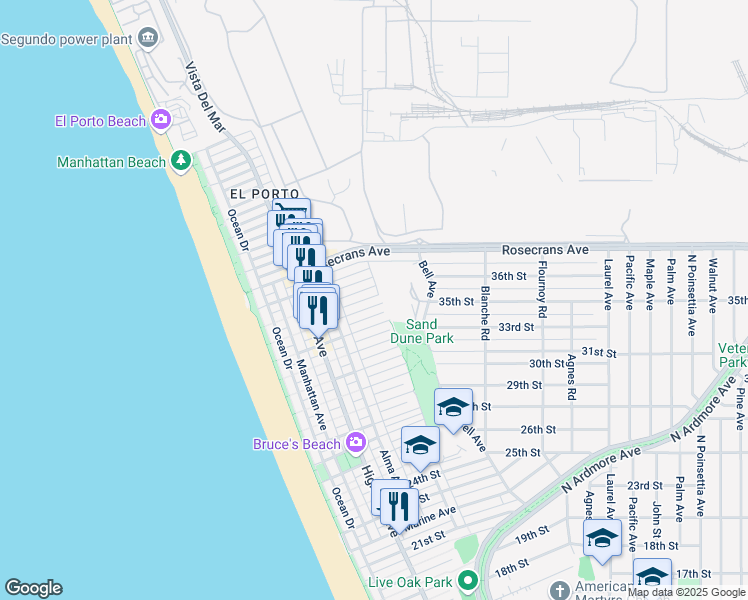 map of restaurants, bars, coffee shops, grocery stores, and more near 469 34th Street in Manhattan Beach