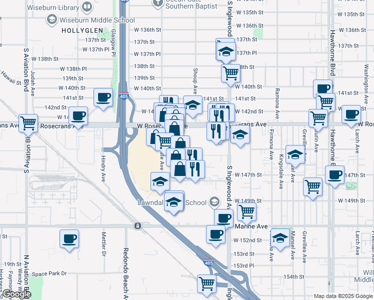 map of restaurants, bars, coffee shops, grocery stores, and more near 4949 West 145th Street in Hawthorne