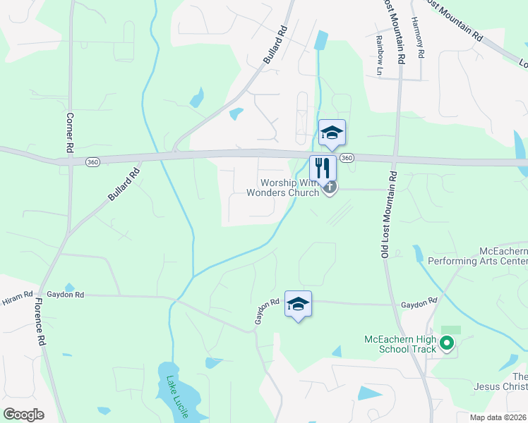 map of restaurants, bars, coffee shops, grocery stores, and more near 2128 Line Tree Lane in Powder Springs
