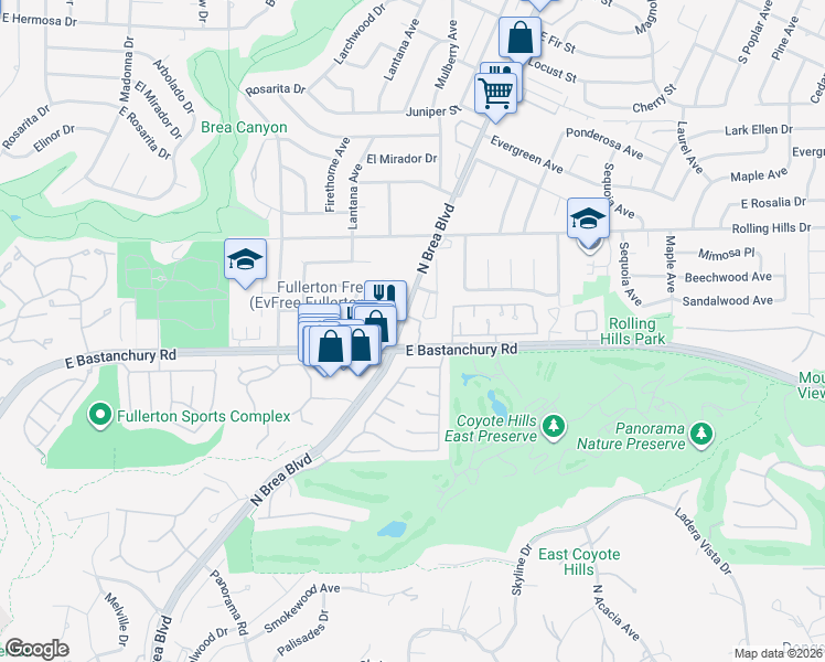 map of restaurants, bars, coffee shops, grocery stores, and more near in Fullerton