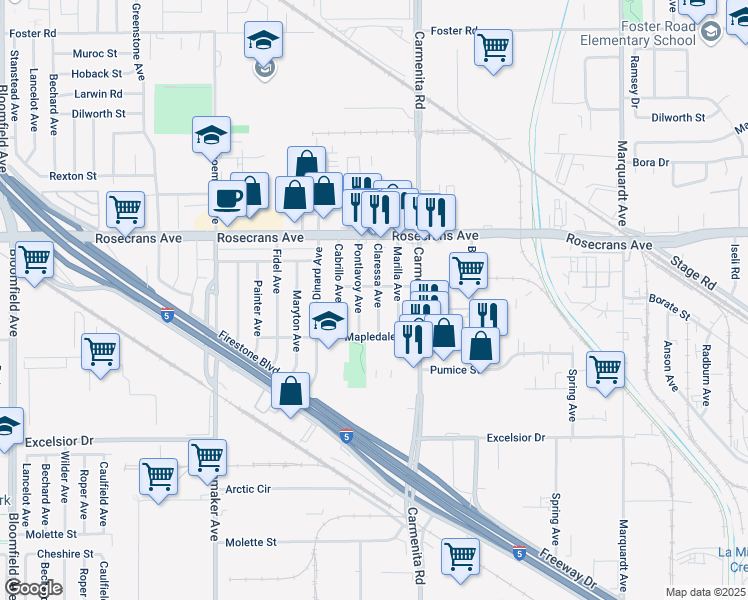 map of restaurants, bars, coffee shops, grocery stores, and more near 14415 Claressa Avenue in Norwalk