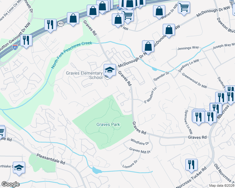 map of restaurants, bars, coffee shops, grocery stores, and more near 6749 Trafalger Square in Norcross