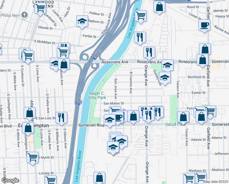 map of restaurants, bars, coffee shops, grocery stores, and more near 14641 San Jose Avenue in Paramount