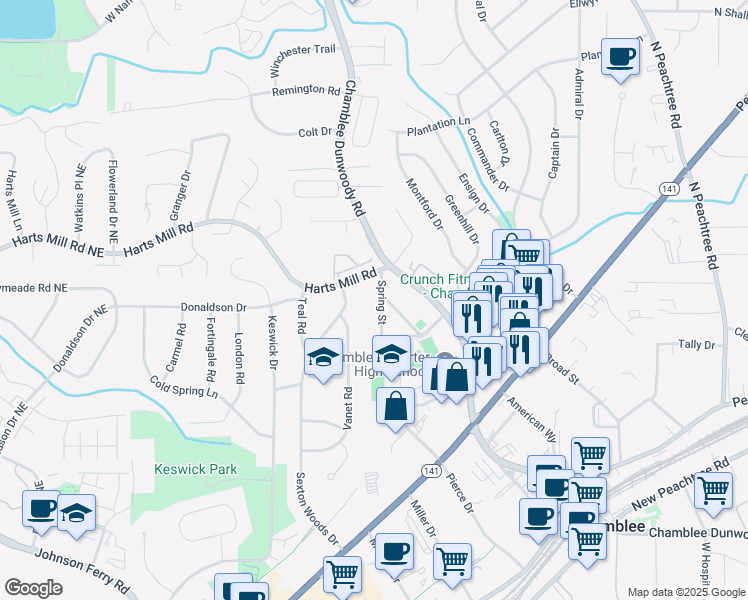 map of restaurants, bars, coffee shops, grocery stores, and more near 3694 Spring Street in Chamblee