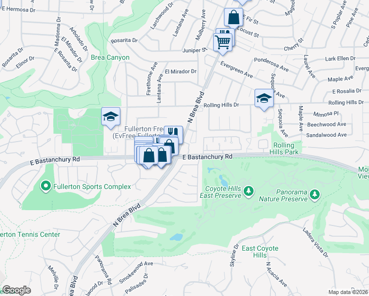 map of restaurants, bars, coffee shops, grocery stores, and more near 2700 North Brea Boulevard in Fullerton