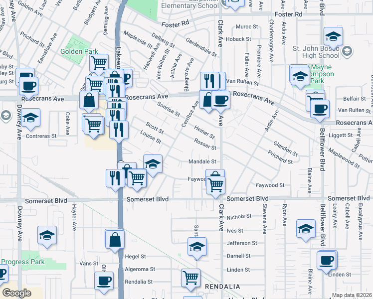 map of restaurants, bars, coffee shops, grocery stores, and more near 9233 Scharn Lane in Bellflower
