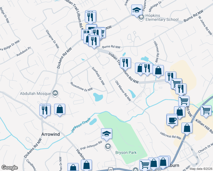 map of restaurants, bars, coffee shops, grocery stores, and more near 692 Sunfield Drive Northwest in Lilburn