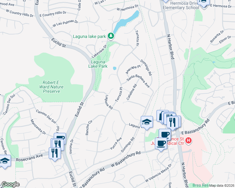 map of restaurants, bars, coffee shops, grocery stores, and more near 2501 Terraza Place in Fullerton