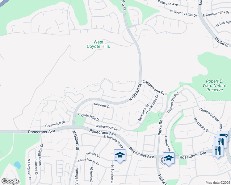 map of restaurants, bars, coffee shops, grocery stores, and more near 1842 Chantilly Lane in Fullerton