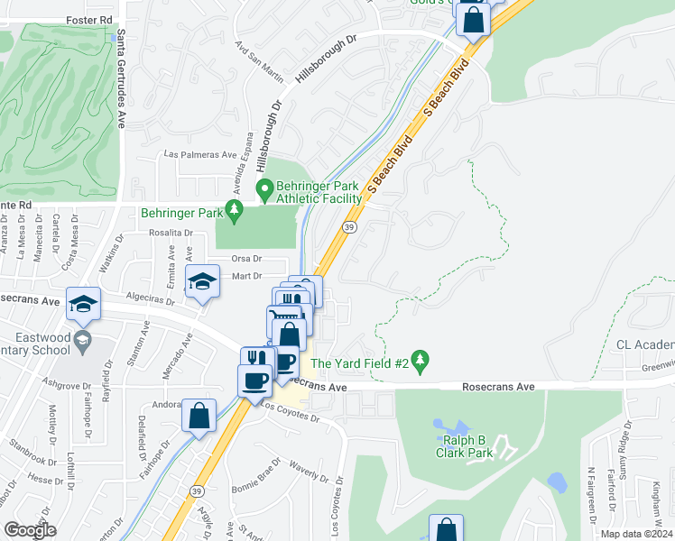 map of restaurants, bars, coffee shops, grocery stores, and more near 3008 Muir Trail Drive in Fullerton