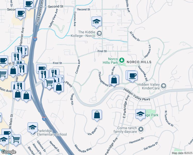 map of restaurants, bars, coffee shops, grocery stores, and more near 1104 Thoroughbred Lane in Norco