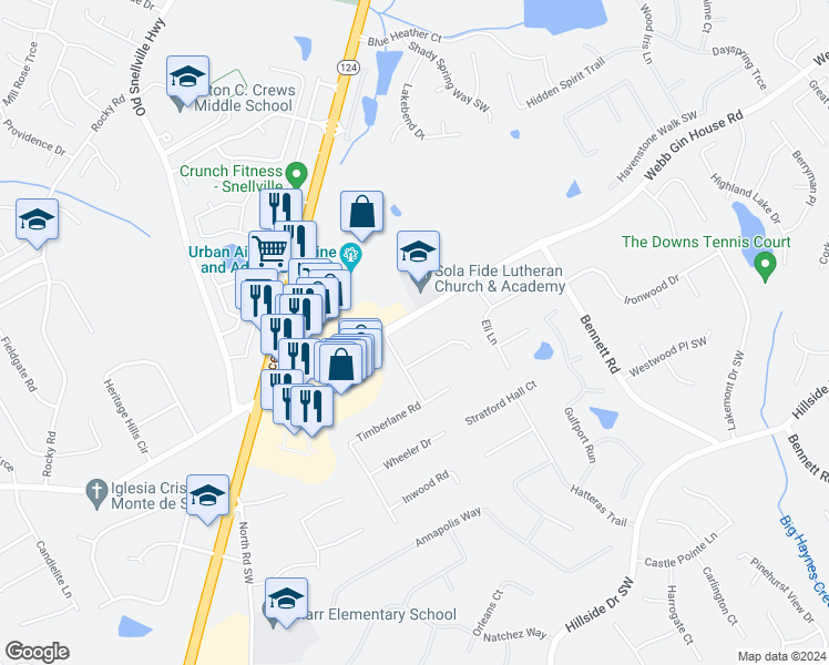 map of restaurants, bars, coffee shops, grocery stores, and more near 1374 Webb Gin House Road in Lawrenceville