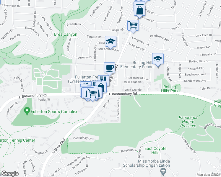 map of restaurants, bars, coffee shops, grocery stores, and more near 2700 North Brea Boulevard in Fullerton