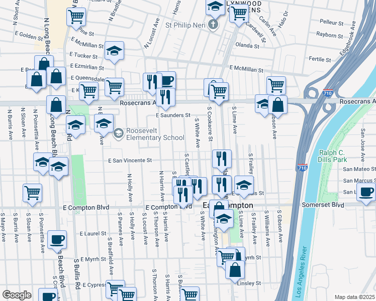 map of restaurants, bars, coffee shops, grocery stores, and more near 14616 North Castlegate Avenue in East Compton
