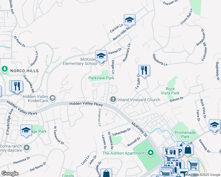 map of restaurants, bars, coffee shops, grocery stores, and more near 1049 Explanada Street in Corona