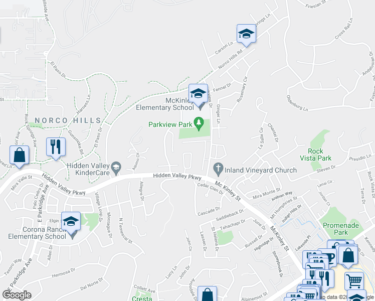 map of restaurants, bars, coffee shops, grocery stores, and more near 1035 La Terraza Circle in Corona