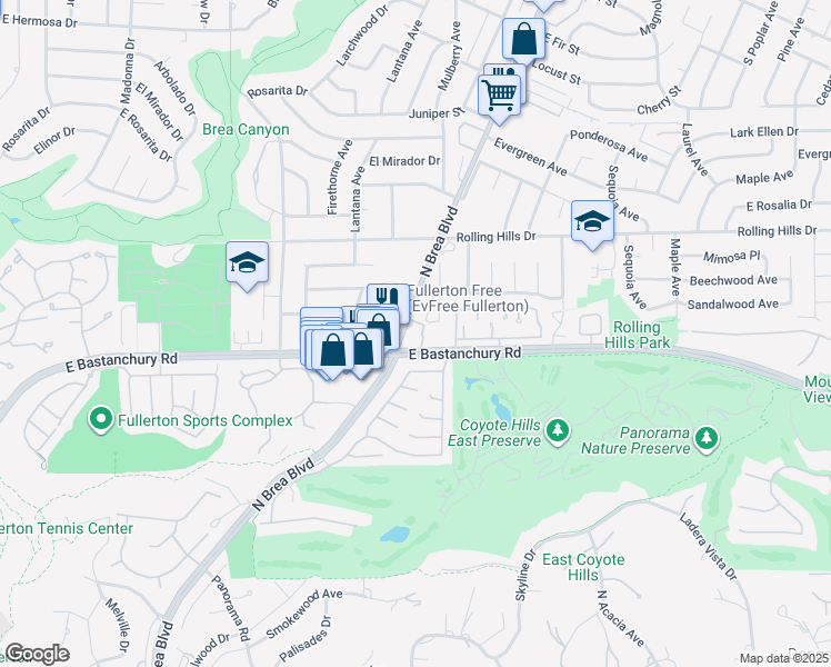 map of restaurants, bars, coffee shops, grocery stores, and more near in Fullerton