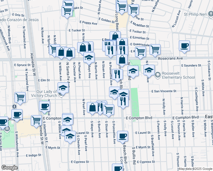 map of restaurants, bars, coffee shops, grocery stores, and more near 522 North Sloan Avenue in Compton