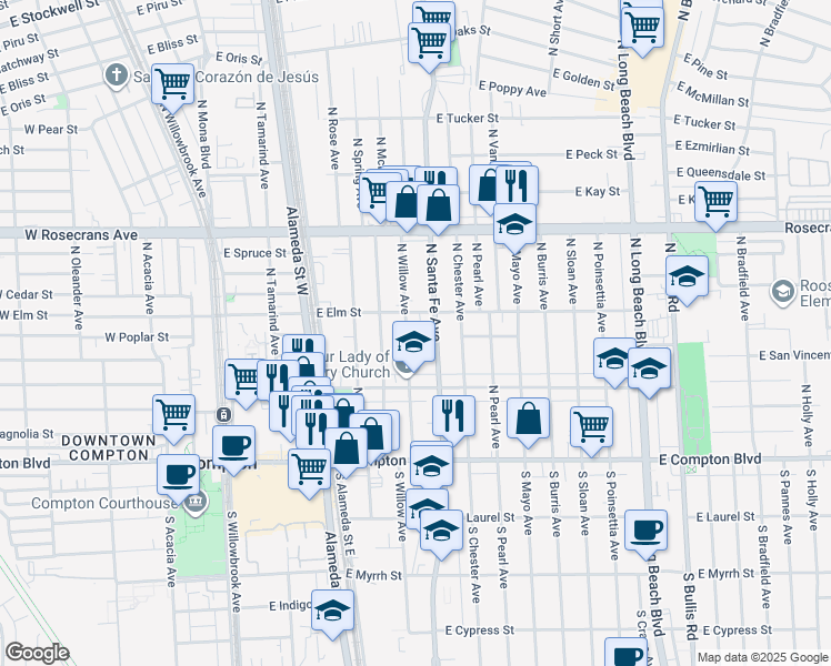 map of restaurants, bars, coffee shops, grocery stores, and more near 527 North Santa Fe Avenue in Compton