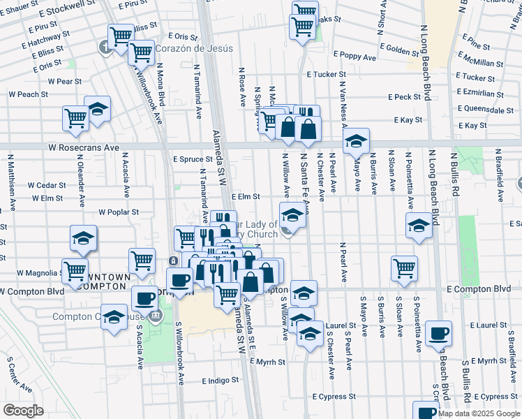map of restaurants, bars, coffee shops, grocery stores, and more near in Compton