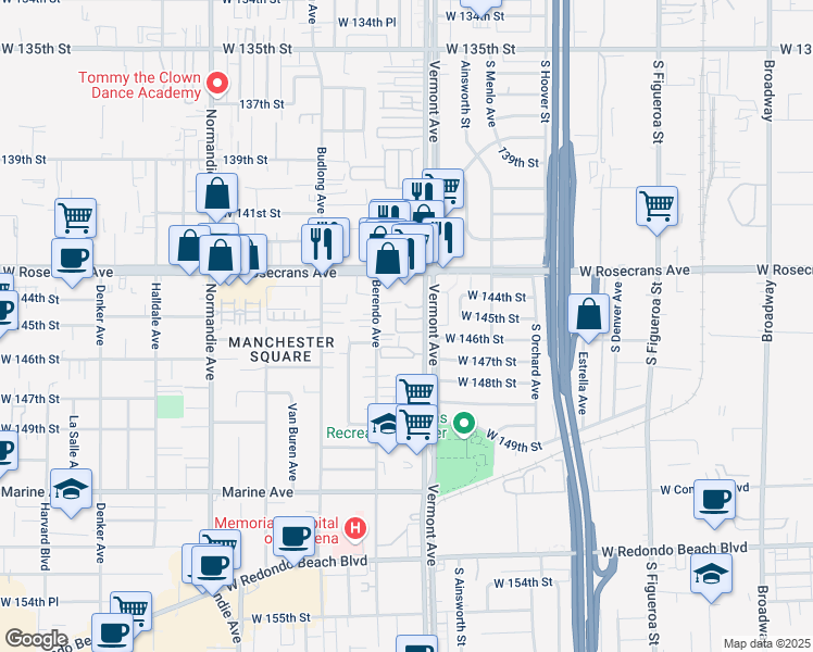 map of restaurants, bars, coffee shops, grocery stores, and more near 14506 Berendo Avenue in Gardena