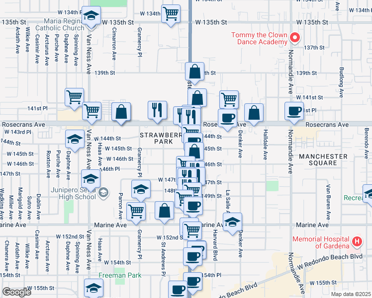 map of restaurants, bars, coffee shops, grocery stores, and more near 14501 South Western Avenue in Gardena