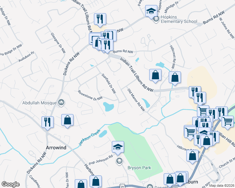 map of restaurants, bars, coffee shops, grocery stores, and more near 692 Sunfield Drive Northwest in Lilburn