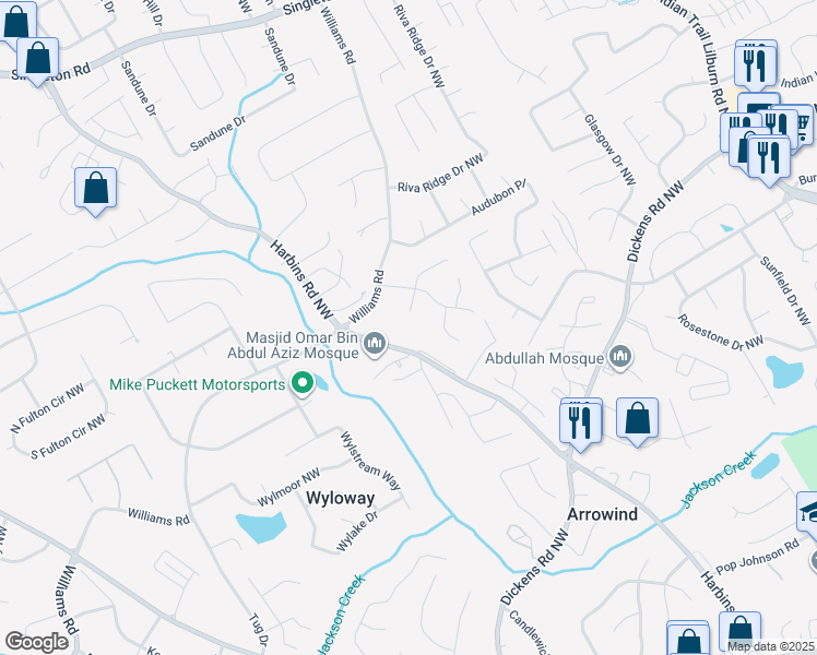 map of restaurants, bars, coffee shops, grocery stores, and more near 950 Harbins Road Northwest in Lilburn