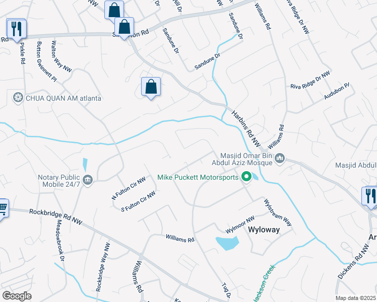 map of restaurants, bars, coffee shops, grocery stores, and more near 1147 Williamsburg Lane in Norcross