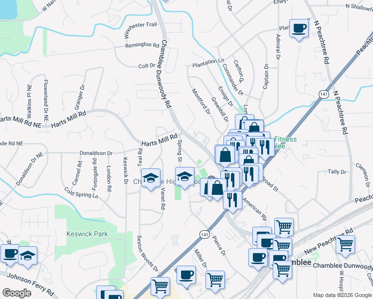 map of restaurants, bars, coffee shops, grocery stores, and more near 3677 School Street in Atlanta