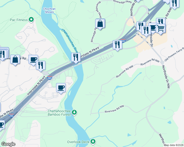 map of restaurants, bars, coffee shops, grocery stores, and more near 329 Riversedge Drive in Atlanta