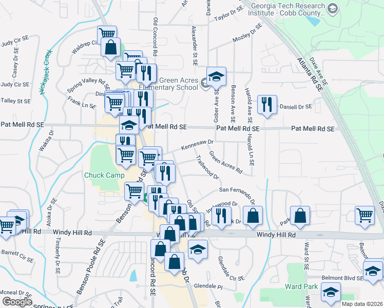 map of restaurants, bars, coffee shops, grocery stores, and more near 2174 Trailwood Drive in Smyrna