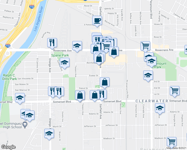 map of restaurants, bars, coffee shops, grocery stores, and more near 7323 1/2 Exeter Street in Paramount
