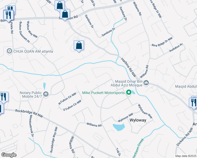 map of restaurants, bars, coffee shops, grocery stores, and more near 1147 Williamsburg Lane in Norcross