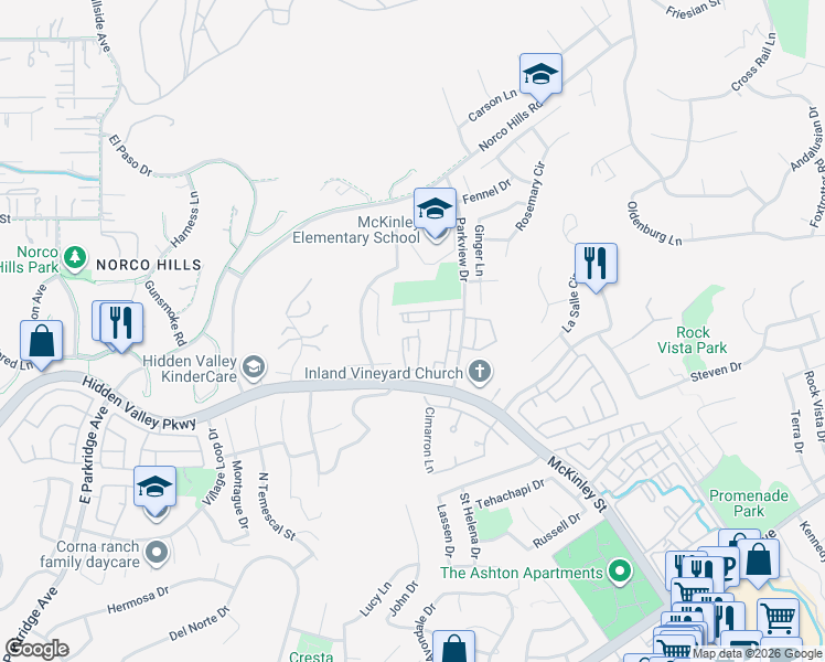 map of restaurants, bars, coffee shops, grocery stores, and more near 1035 La Terraza Circle in Corona