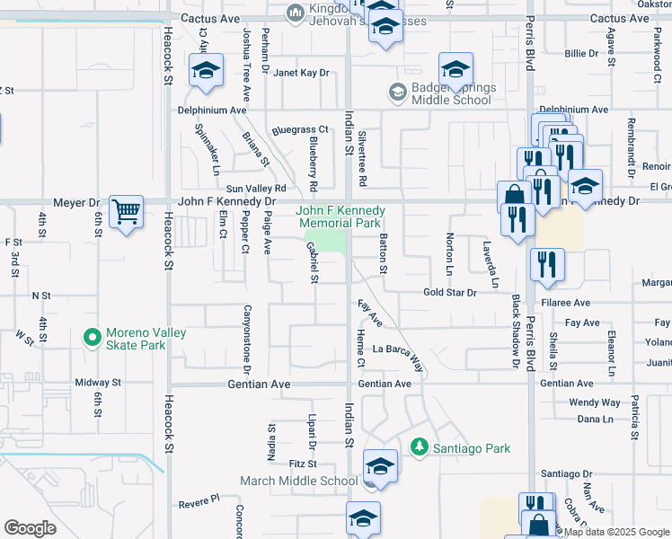 map of restaurants, bars, coffee shops, grocery stores, and more near 24469 Tyann Court in Moreno Valley