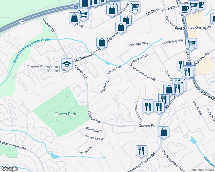 map of restaurants, bars, coffee shops, grocery stores, and more near 6530 East Windsor Lane in Norcross