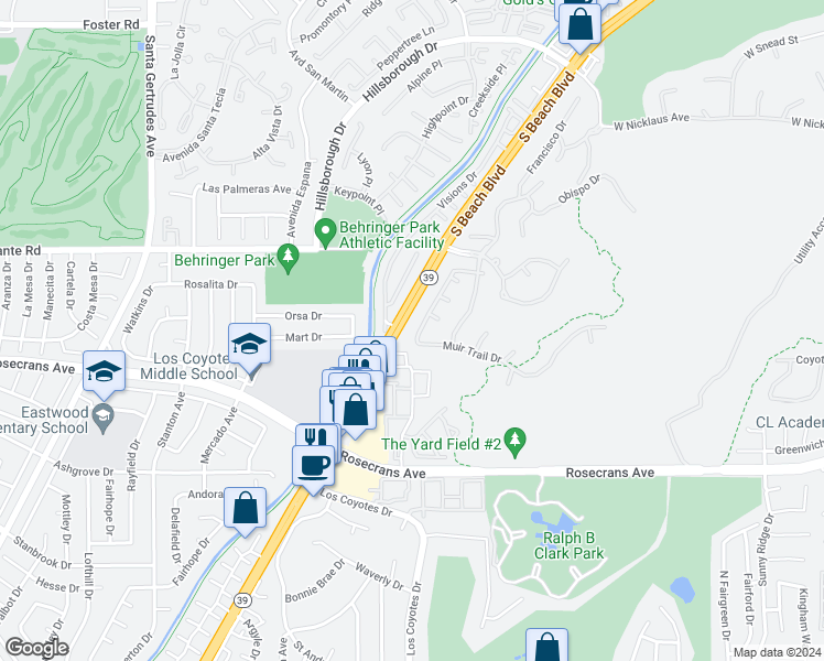 map of restaurants, bars, coffee shops, grocery stores, and more near 3008 Muir Trail Drive in Fullerton