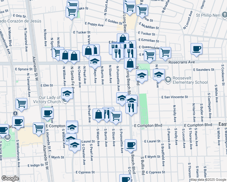 map of restaurants, bars, coffee shops, grocery stores, and more near 602 North Sloan Avenue in Compton