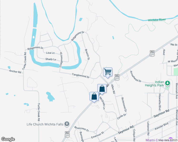 map of restaurants, bars, coffee shops, grocery stores, and more near 4302 Briar Cliff Drive in Wichita Falls