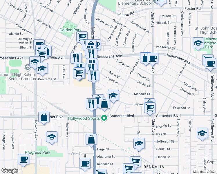 map of restaurants, bars, coffee shops, grocery stores, and more near 9065 Jeff Street in Bellflower