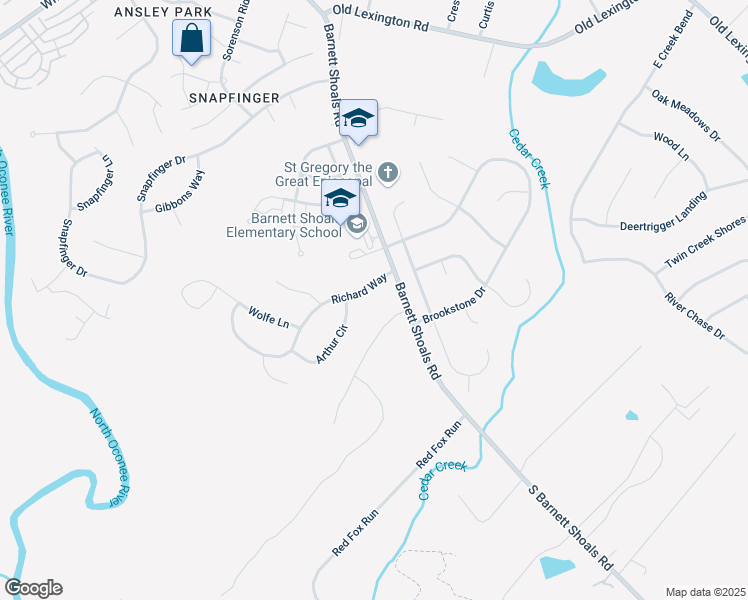 map of restaurants, bars, coffee shops, grocery stores, and more near 115 Richard Way in Athens