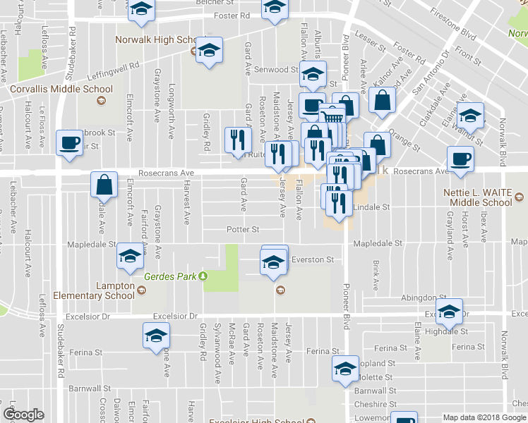 map of restaurants, bars, coffee shops, grocery stores, and more near 11533 McLaren Street in Norwalk