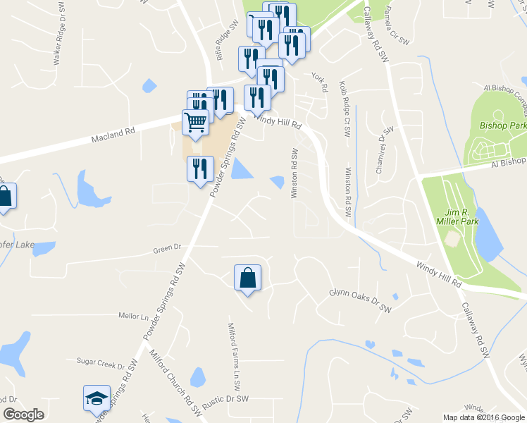 map of restaurants, bars, coffee shops, grocery stores, and more near 2127 Samantha Way South West in Marietta