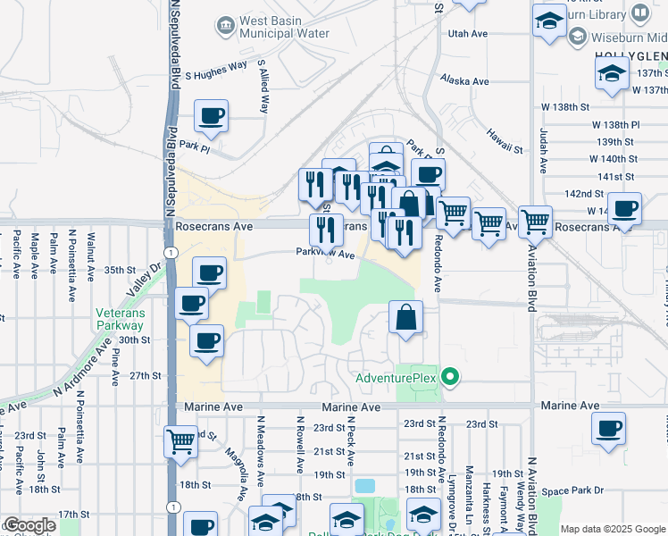 map of restaurants, bars, coffee shops, grocery stores, and more near 1400 Parkview Avenue in Manhattan Beach