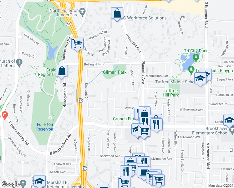 map of restaurants, bars, coffee shops, grocery stores, and more near 2912 Clairmont Avenue in Fullerton